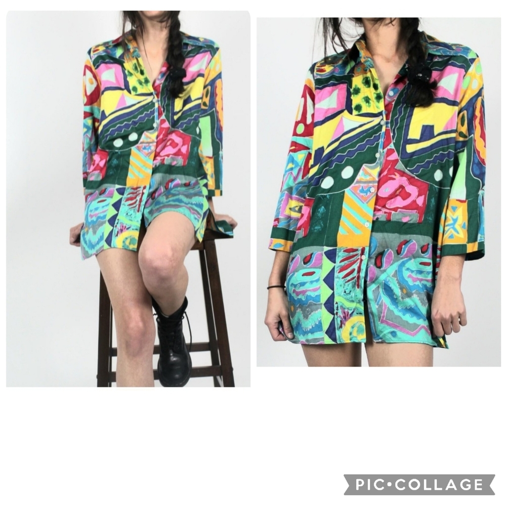 Lauren Ralph Lauren Tunic Cotton Colorful Multicolor Abtract Button Front Top M